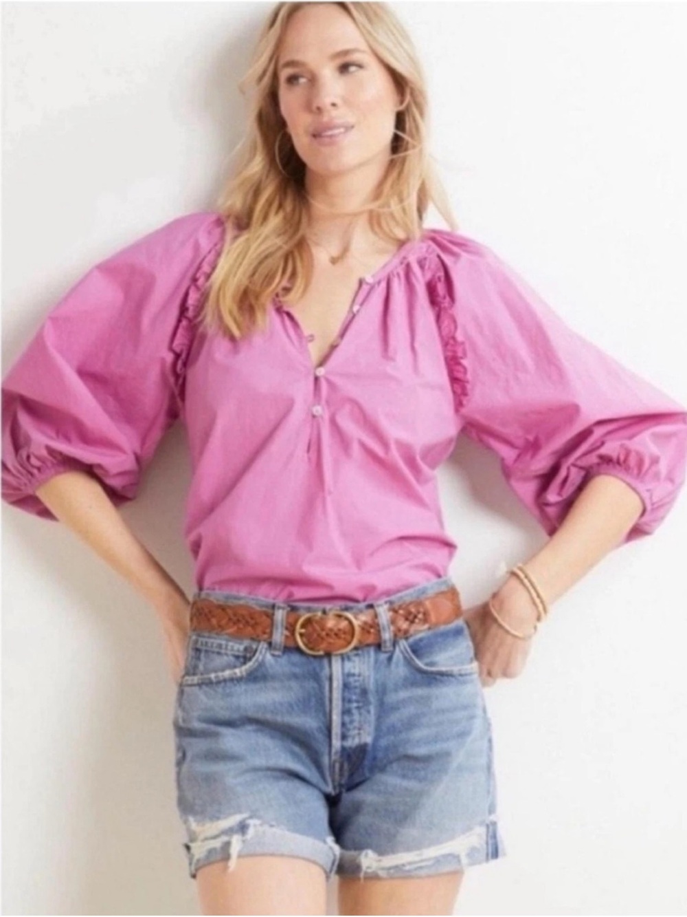 CLEOBELLA Jess Puff Sleeve Organic Cotton Blouse in Azalea Pink S $148